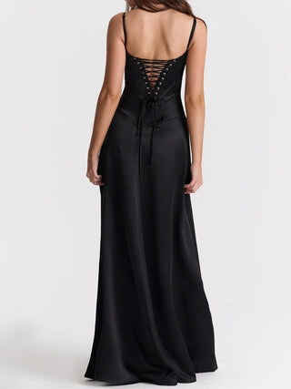 Anabella Black Lace Up Maxi Dress in Black
