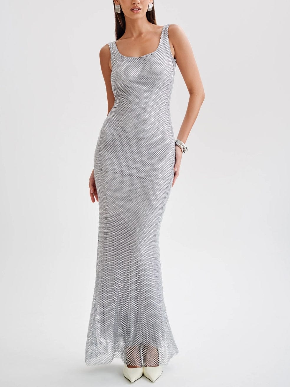 Annika Diamanté Mesh Maxi Dress in Silver