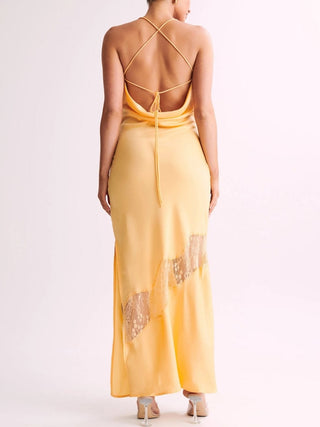 Chandra Lace Detail Satin Maxi Dress in Lemon