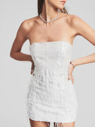 Anastasia Sequin Feather Dress in White
