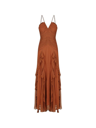 Ruched Frill Maxi Dress in almond