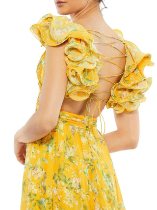 RUFFLE TIERED FLORAL CUT-OUT CHIFFON GOWN in Yellow