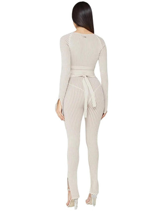 KNITTED TWO TONE JUMPSUIT WITH BELT - BEIGE/TAUPE