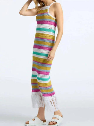 Lucia Stripe Crochet Dress In Cyan Multi