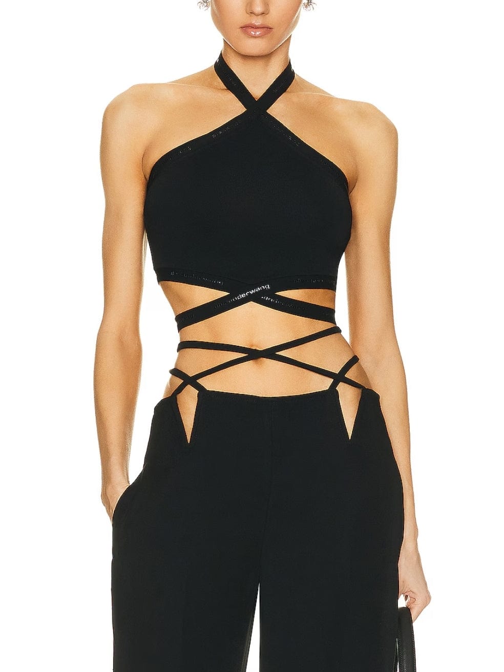 Alexander Wang Criss Cross Logo Halter Top in Black