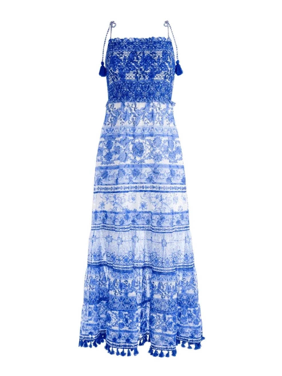 Smocked Tiered Midi Dress in Blue