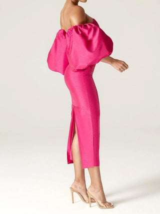 Tiffany Dupioni Puff Sleeve Maxi Dress in Hot Pink