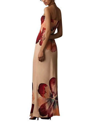 Strapless Satin Maxi Slip Dress in Beige Floral
