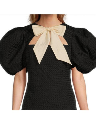 x Courtney Grow Savile Short Puff Sleeve Bow Tie Crew Neck Cut-Out Front Sheath Dress