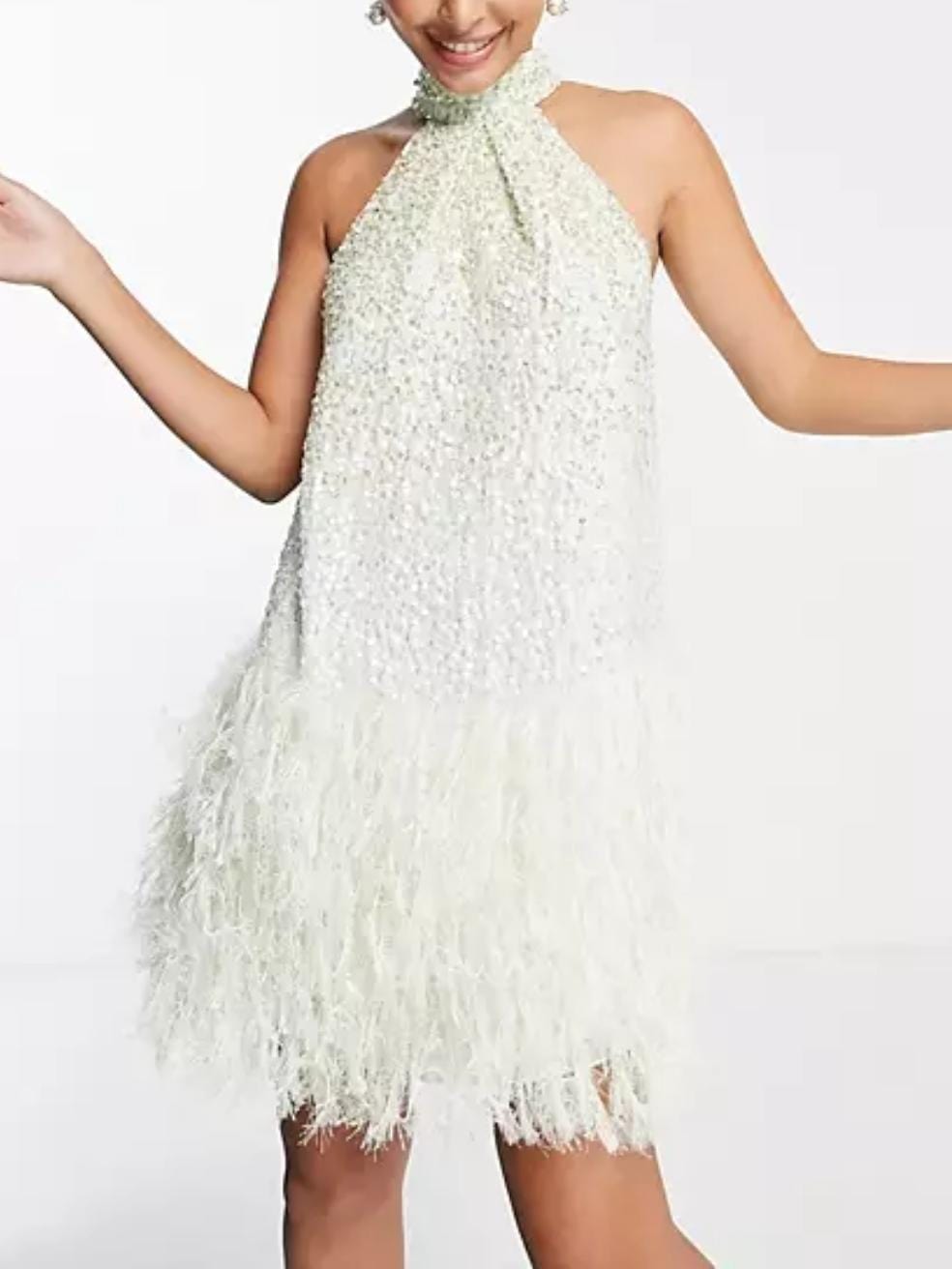 Sequin Halter Mini Dress With Faux Feather Hem in Sage Green