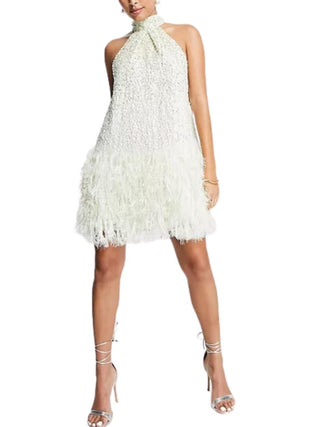 Sequin Halter Mini Dress With Faux Feather Hem in Sage Green