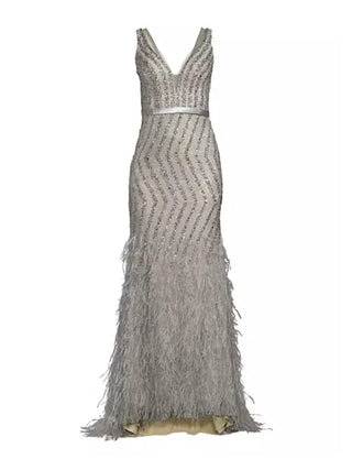 Basix Feather Embellished Plunge V-Neck Gown