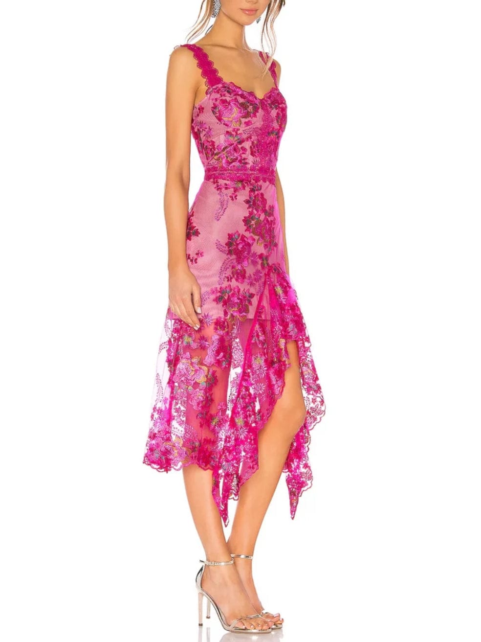 Eva Fuchsia Midi Dress Floral Lace