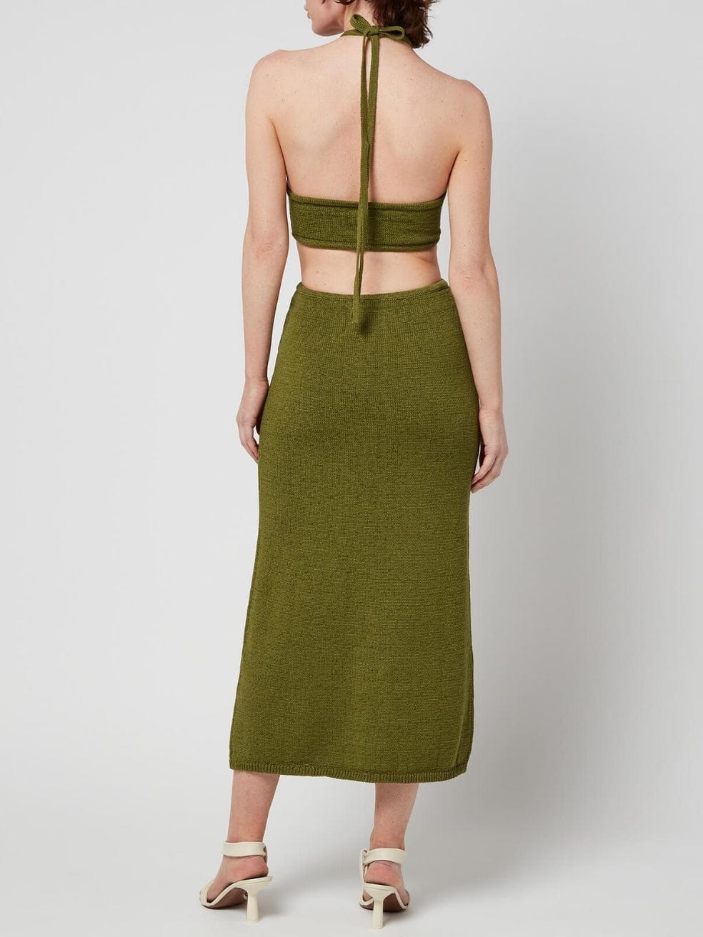 Cameron Twist-Front Cutout Halterneck Dress in Green Olive