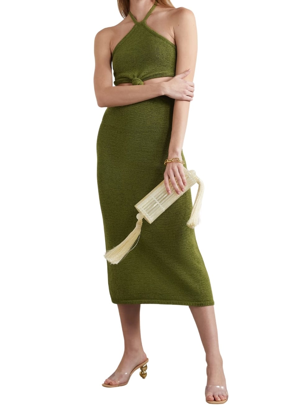 Cameron Twist-Front Cutout Halterneck Dress in Green Olive