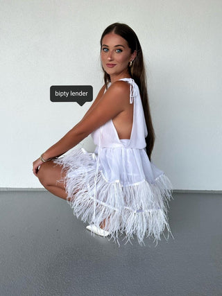 Two Tier Feather Dress in White