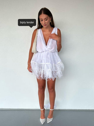 Two Tier Feather Dress in White