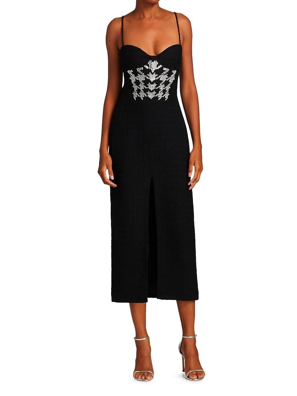 Houndstooth Crystal and Plexi Embroidery Stretch-Wool Midi Dress