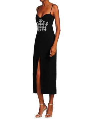 Houndstooth Crystal and Plexi Embroidery Stretch-Wool Midi Dress