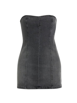 Strapless lace-up denim mini dress in black