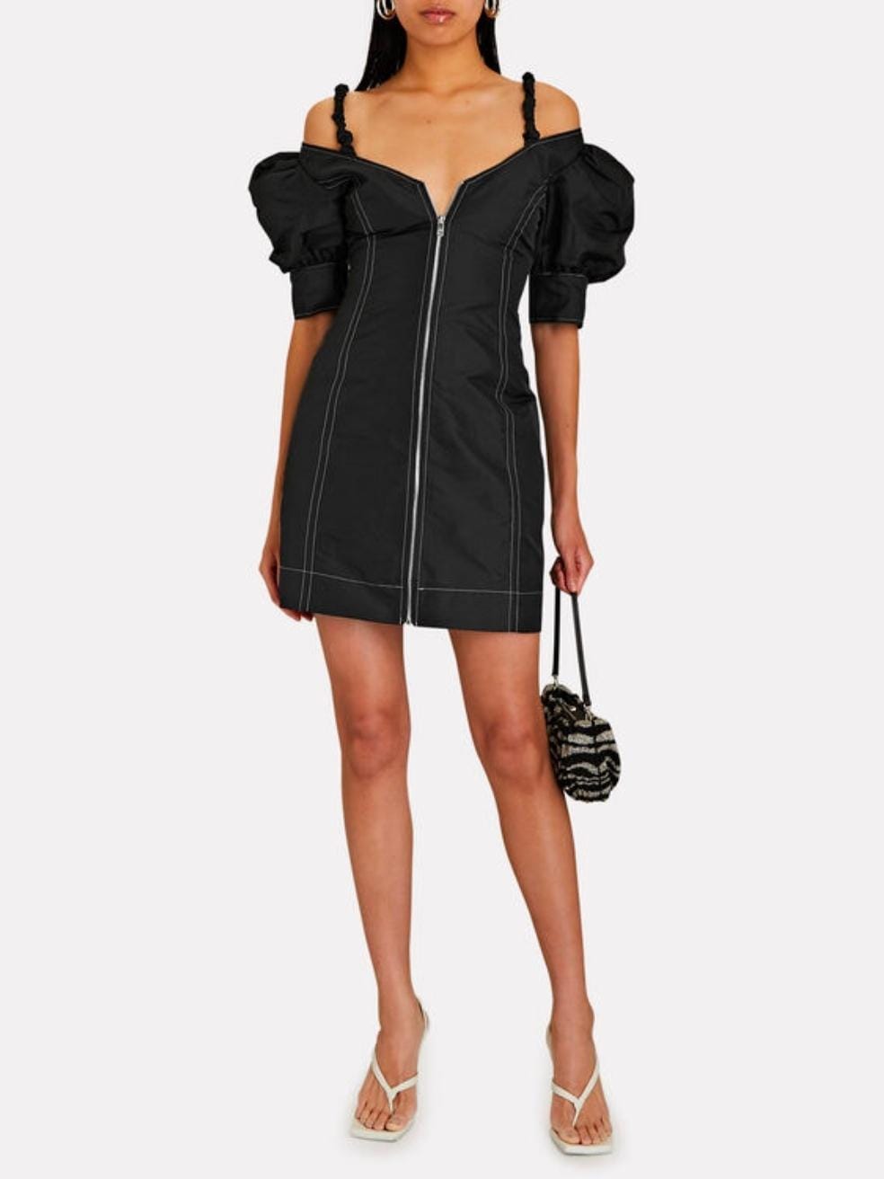 Taffeta V-Neck Front-Zip Mini Dress