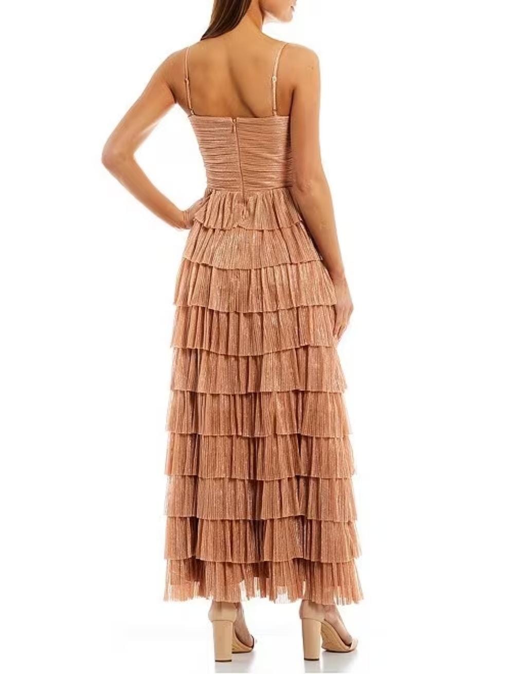 Grace Metallic Plisse Sweetheart Neck Cut-Out Tiered Dress