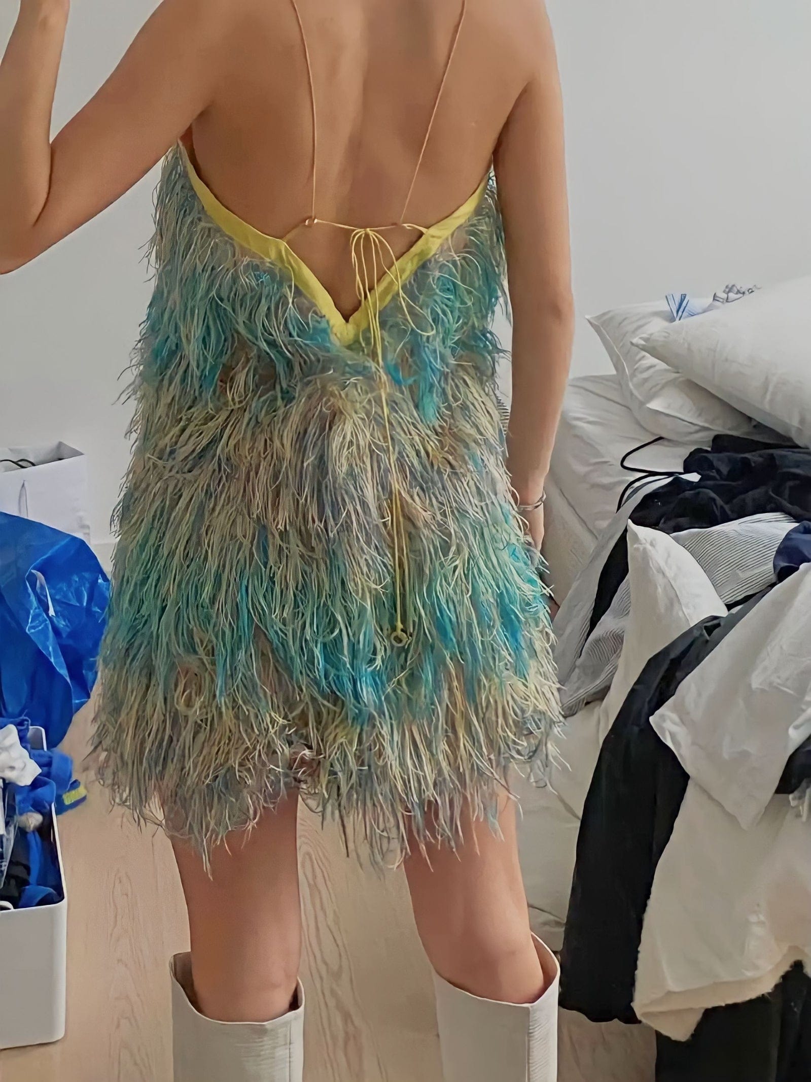 Feather Shift Dress in Pink Blue Yellow