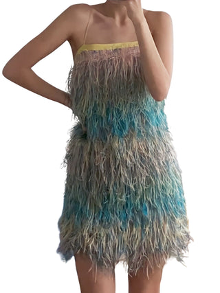 Feather Shift Dress in Pink Blue Yellow