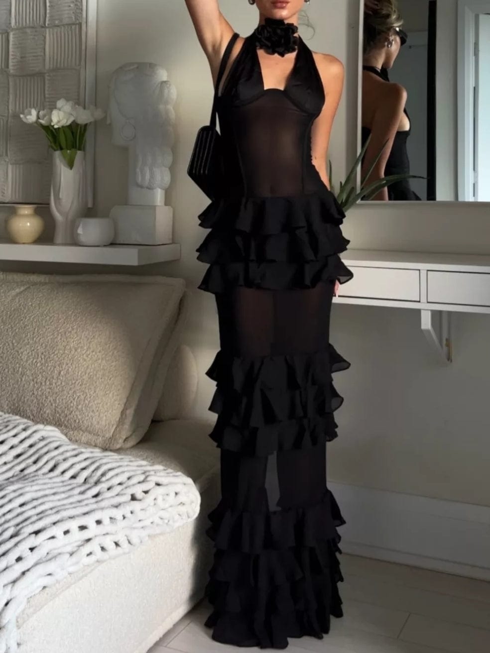 Black Peekaboo Sheer Ruffle Black Maxi Dress