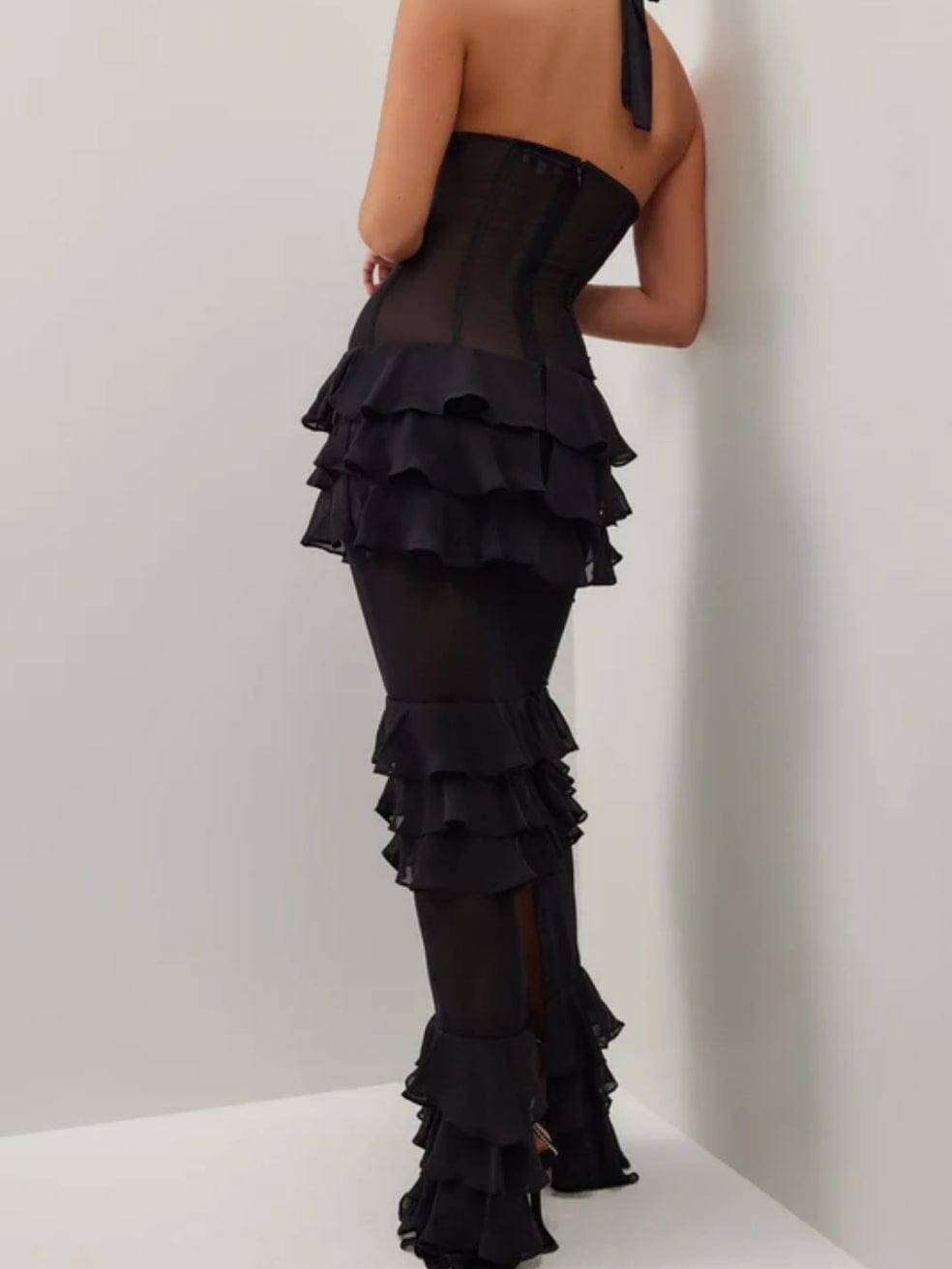 Black Peekaboo Sheer Ruffle Black Maxi Dress