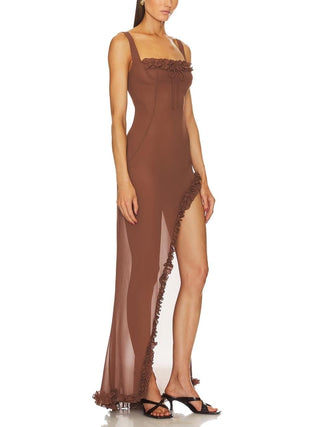 Sheer Ruffled Long Dress in Chocolate Brown