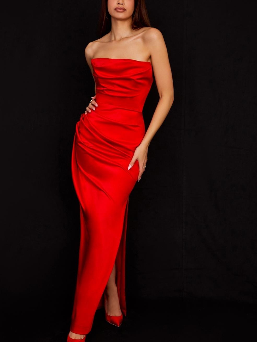 Adrienne scarlet satin strapless gown
