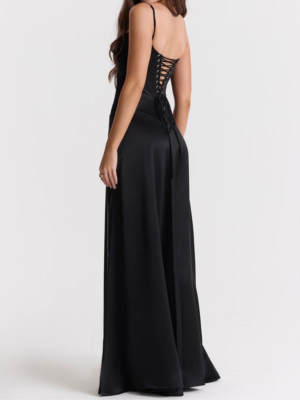 Anabella Black Lace Up Maxi Dress in Black