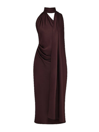 Angelina Chocolate Wrap Neck Midi Dress
