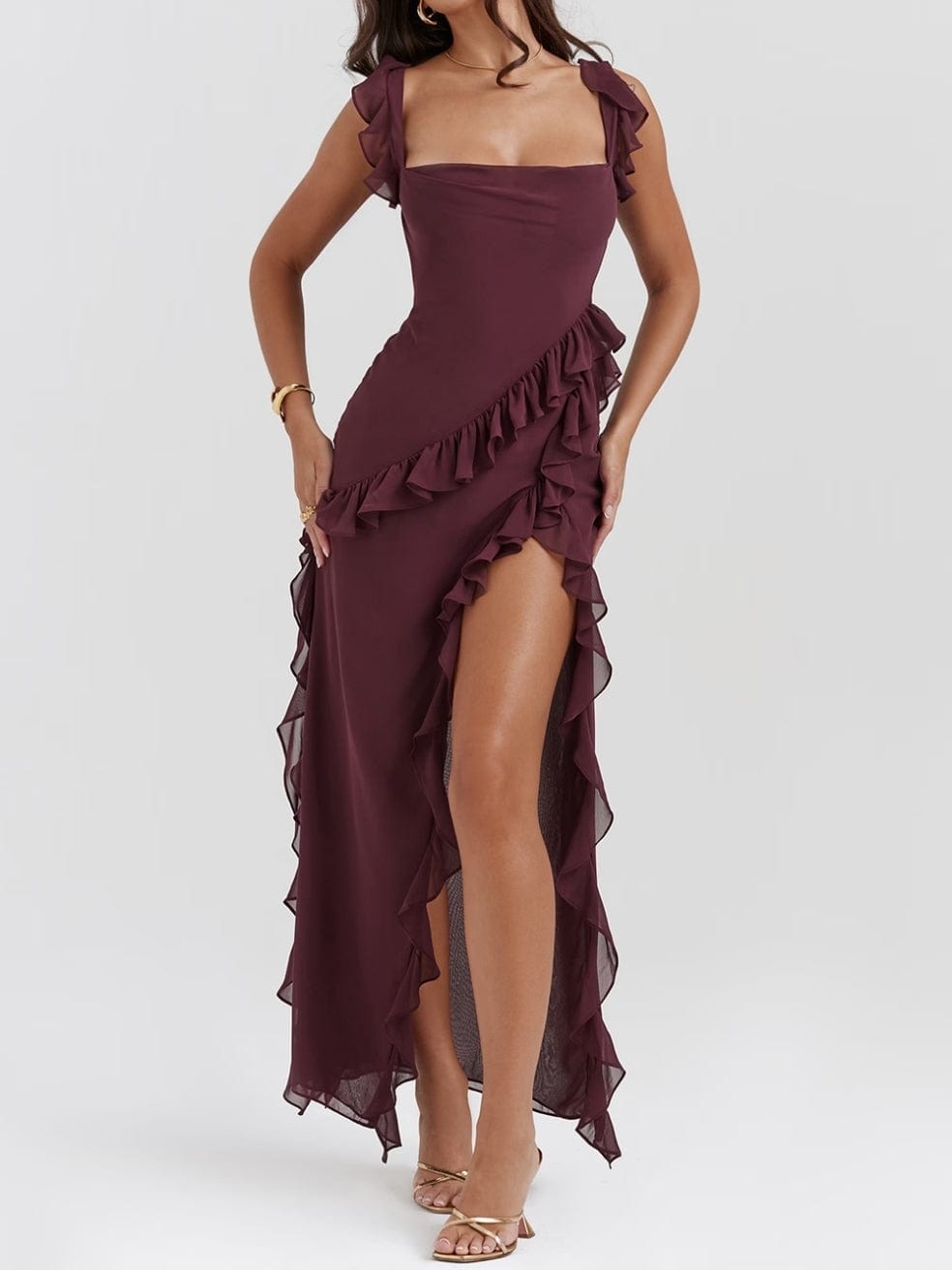 Ariela in Mulberry Ruffle Maxi Dress