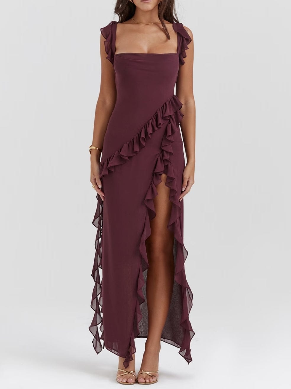 Ariela in Mulberry Ruffle Maxi Dress