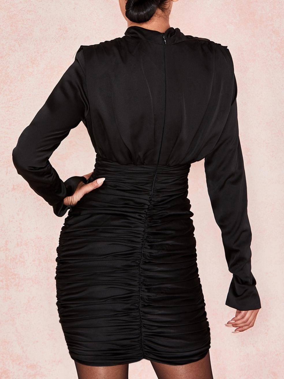 Giorgiana Black Satin Ruched Mini Dress