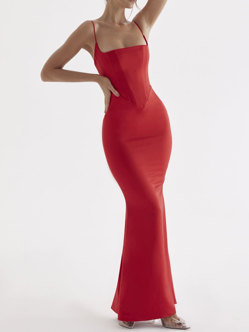 Olivette Red Rose Satin Corset Maxi Dress