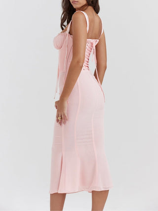 Syrah Soft Peach Lace Back Midi Dress