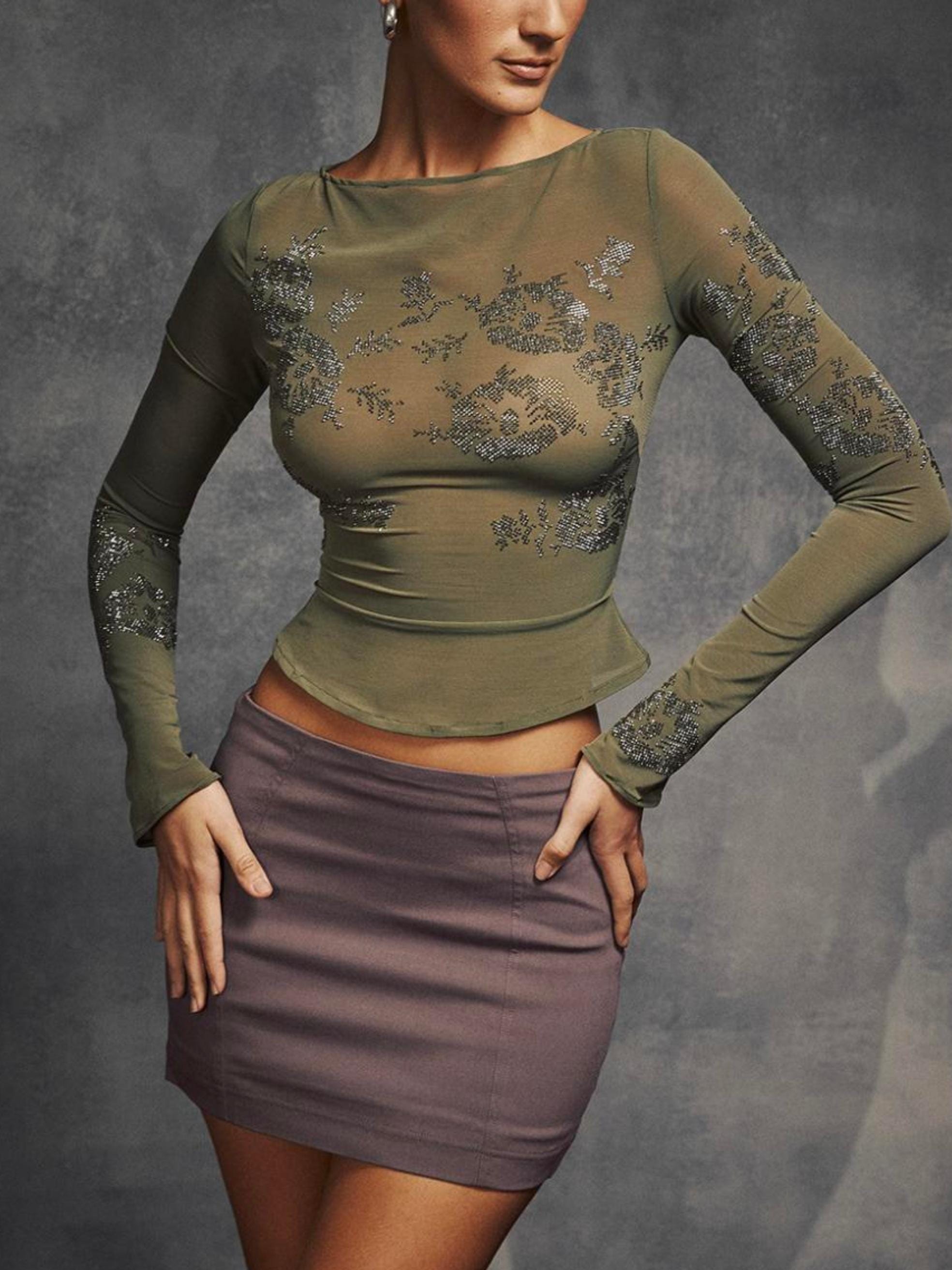 Embellished Semisheer Mesh Top