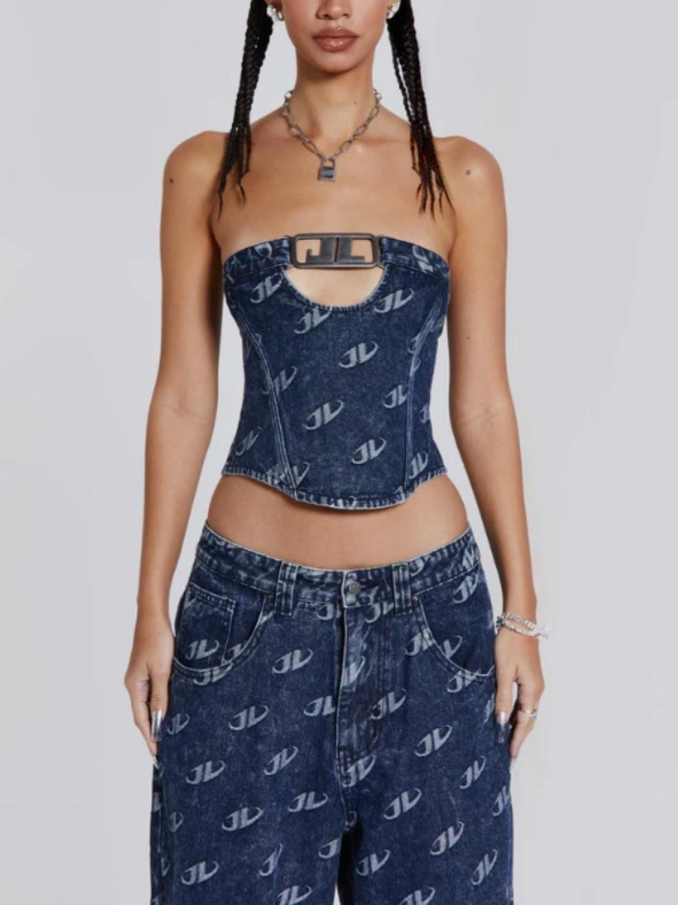 Monogram strapless corset top and baggy jeans