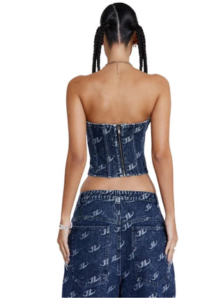Monogram strapless corset top and baggy jeans