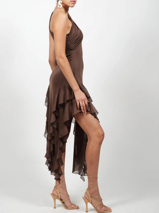 Brown Ruffle Mesh Dress