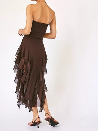 Brown Ruffle Mesh Dress