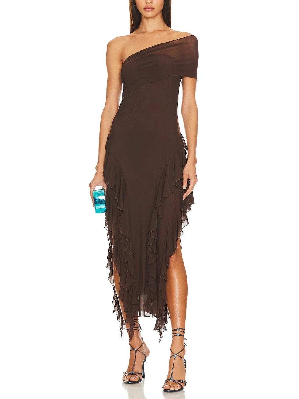 Brown Ruffle Mesh Dress