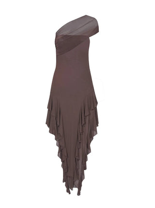 Brown Ruffle Mesh Dress