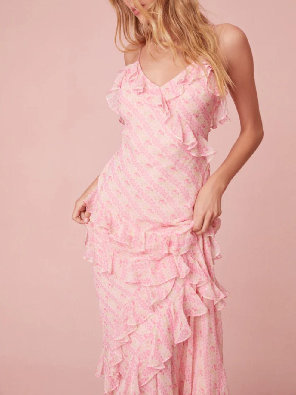 Rialto Silk Floral Maxi Dress in Strawberry Macaroon