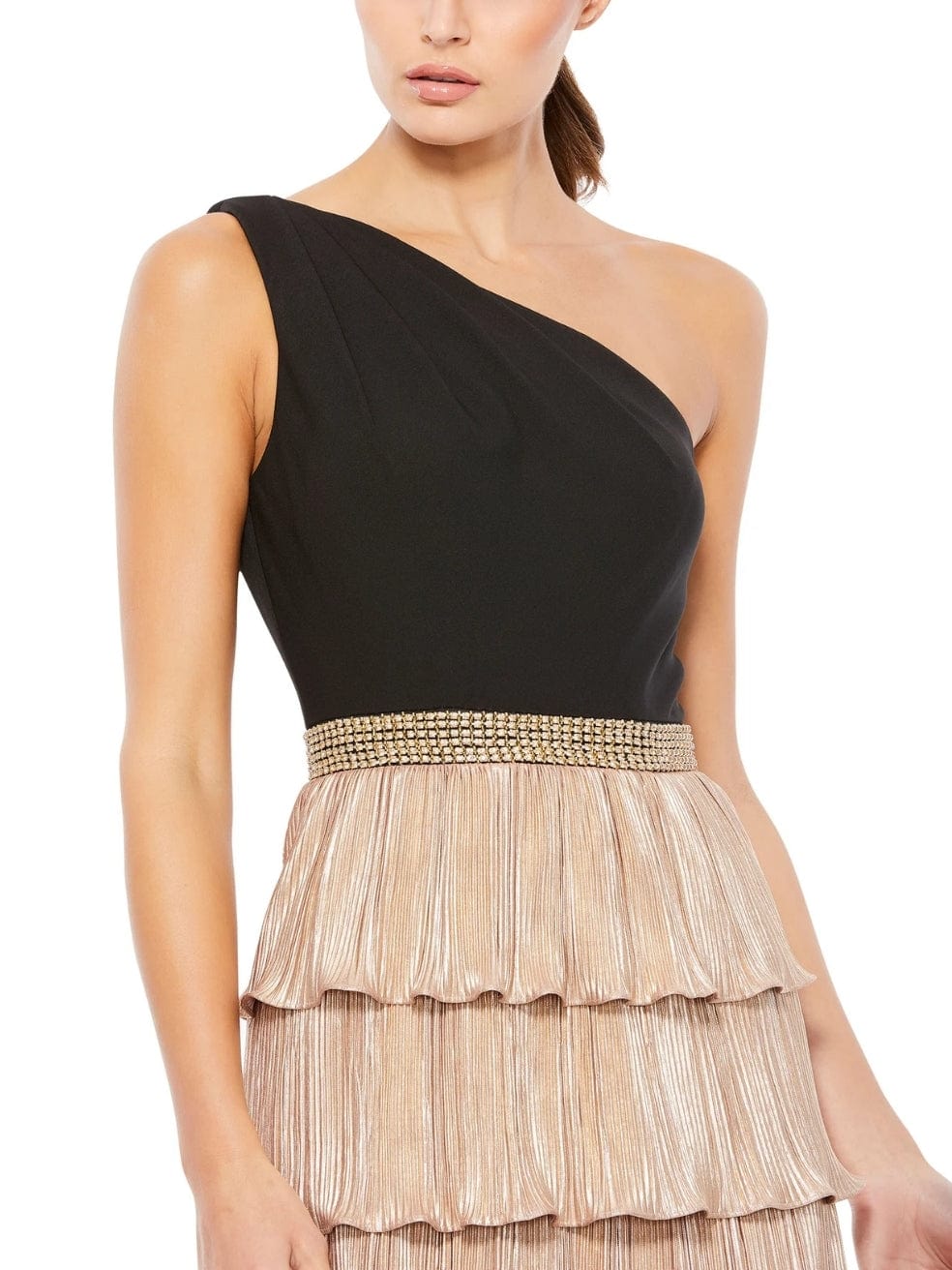 Mac Duggal Gold One-Shoulder Ruffle Tiered Dress
