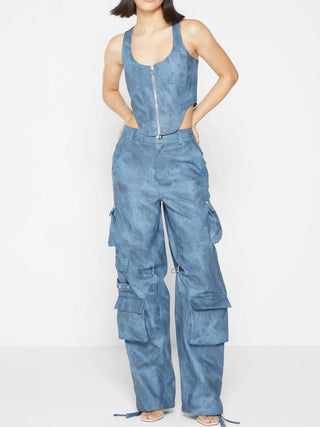 High Waisted Vintage Marble Leather Cargo Pants