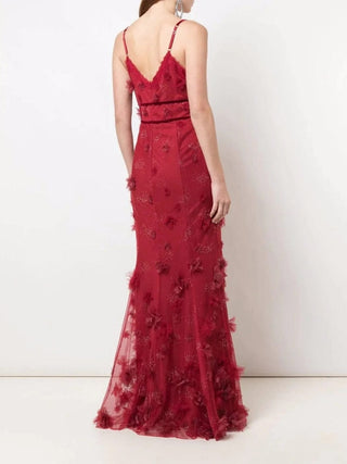 Marchesa Red 3D Floral Fit to Flare Gown